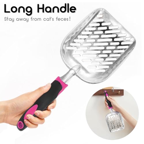 Cat Litter Scoop-Metal Cat Scooper-Long Handle Scoop,Cat Scooper-Poop Sifting-Mesh Shovel-Suitable for Cat Litter Box, (Rose Red)-Christmas - color: Rose Red, size: L
