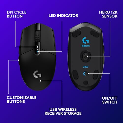 Logitech G305 Lightspeed Wireless Gaming Mouse - Black | Hero Sensor 12, Lightspeed 1ms Wireless, Up to 250h on 1xaa, 6 Programmable Buttons, 99g with Battery - color: Black, style: Classic