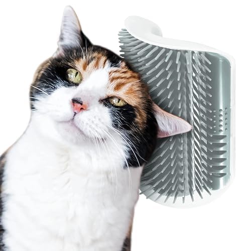 SunGrow Self-Grooming Brush for Ferrets & Cats, Light Gray Self Massager, Mountable to Corners and Flat Surfaces, Includes Brush, Catnip, Screws and Adhesive Tape (2 Pieces)