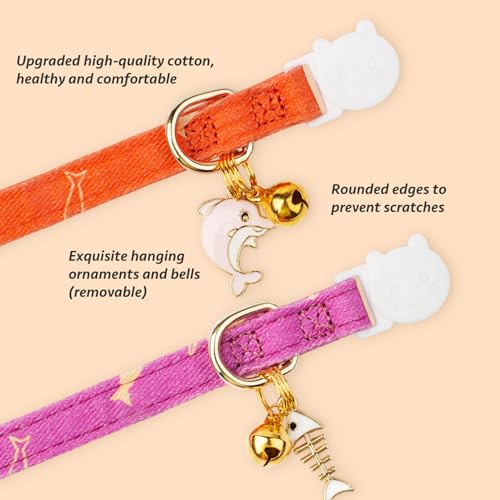 2 Pack Cotton Cat Collar Orange and Purple Fish Cute Kitten Cat Collar | Breakaway Breathable Soft material With cute pendants with Bell - color: Orange&Purple