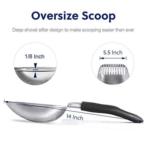 Cat Litter Scoop, Aluminum Alloy Sifter, Kitty Metal Scooper, Deep Shovel, Long Handle, Poop Sifting, Kitten Pooper Lifter, Durable, Heavy Duty, for Litter Box - color: FLAT Aluminum \ #06 Black Handle, size: Large