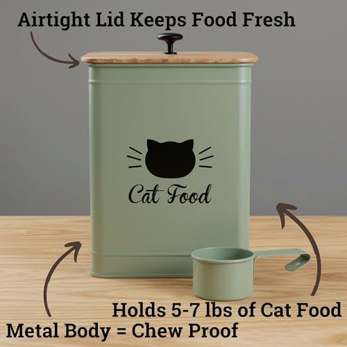 Metal Cat Food Container with Scoop 5-7 lb (25 Cup), w/ Airtight Bamboo Lid | Cat Kibble Canister with Metal Scoop, 25 Cups, Chew Proof Iron Body, Powder Coated, Airtight Bamboo Lid, Sturdy Metal Handle - color: Sage Green