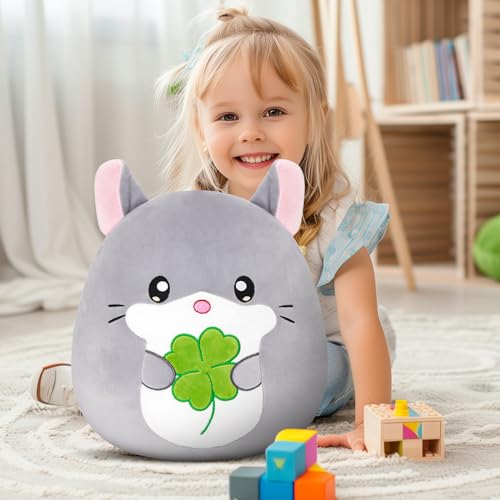 13-Inch Chinchilla Plush Pillow with Four-Leaf Clover, Ultrasoft Grey Chinchilla Stuffed Animal Toy Hugging Throw Toy Gifts for Bedding, Kids Sleeping Kawaii Pillow - color: Chinchilla