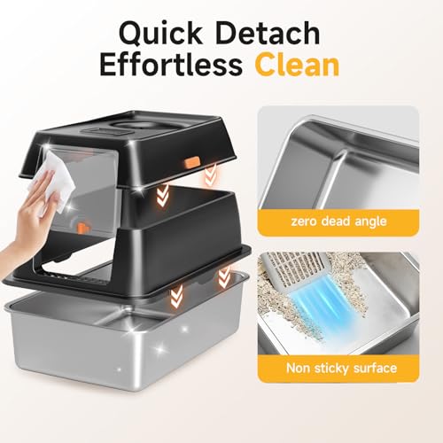 XL Enclosed Stainless Steel Litter Box with Lid, Black | covered, High Sided, Rustproof & Leak Proof, Easy Clean, Odor Control, Includes Scoop & Step & Mat - color: Black