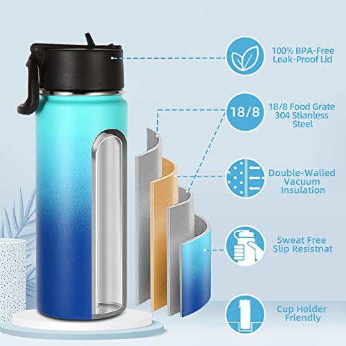 Volhoply 18oz Kids Insulated Water Bottle,Stainless Steel Water Bottles with Straw Lid,Wide Mouth Reusable Metal Water Bottle,Double Wall Vacuum Sports Flask For Cold Drink(Green Blue,1 Set) - color: Green Blue