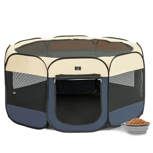 A 4 Pet 50.39-in Dog Playpen, Small Dogs & Puppies, Blue+Beige | Includes bowl, waterproof floor, pop-up design, home/travel/outdoor use - color: Blue+Beige, size: L(50.39"x50.39"x25")