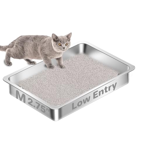 Low Entry Stainless Steel Cat Litter Box for Senior Cats, Metal Shallow Kitten Litter Box, Easy Access Kitty Litter Pan Tray, Easy Cleaning-15.75''Lx 11.81'' W x2.76'' H - color: 15.75''Lx 11.81'' W x2.76'' H