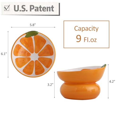 Cute Ceramic Raised Cat Food Bowl, Orange Shaped Cat Dish | Elevated Design, Fruit Themed, Anti Vomiting, Tilted Feeding, Indoor Cats - color: Yellow