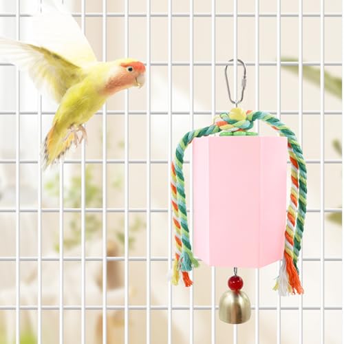 Bird Beak Grinding Stone, Parrot Chew Toys with Bells, Parakeet Toys, Cage Accessories for African Grey, Amazon Parrots, Budgies, Cockatiels, Lovebirds, Conures, Quakers, Small to Medium Birds - color: Pink