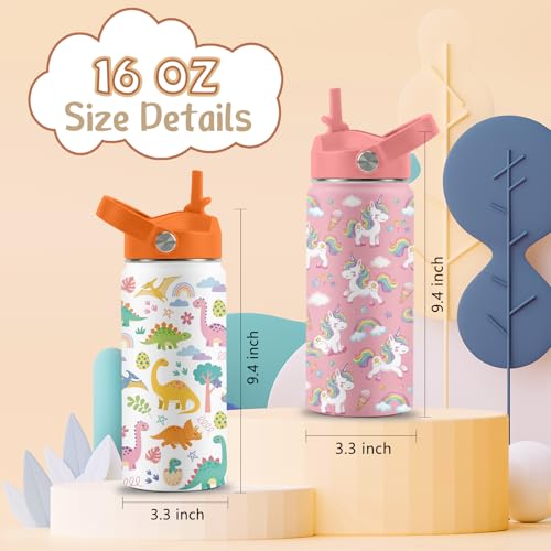 2 Pack 16 oz Water Bottle with Straw Lid, Dinosaur Unicorn Gifts | Stainless Steel Insulated Water Bottles for School Travel Outdoor Sports, Cute Cups Birthday Gifts for Boys Girls - color: Dinosaur and Unicorn