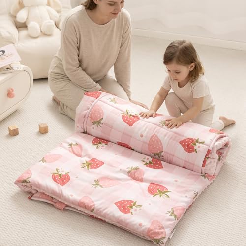 david's kids Minky Toddler Nap Mat with Pillow and Minky Fleece Blanket, 55"x23",Ultra Soft Slumber Bags for Kids, Perfect for Preschool, Daycare, Kids Sleeping Bags with Rollup Design, Strawberry - color: Strawberry