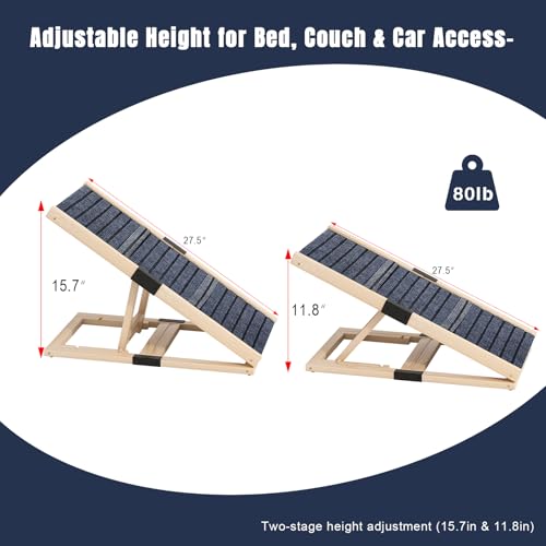 Adjustable Wooden Dog Ramp for Small Dogs, 27.6" Long x 11.8" Wide Portable Pet Ramp for Couch, Sofa, Anti-Slip Carpet, Lightweight Foldable Indoor Outdoor Travel Dog Ramp - size: 27.6" L x 11.8" W