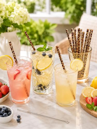 10 Pcs Reusable Leopard Straws Hard Plastic Drinking Straw and Cleaning Brush Leopard Print Animal Drinking Straw Statement Cheetah Animal Straws for Party(Brown) - color: Brown