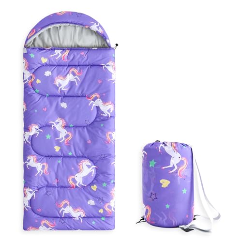 Wake In Cloud - Kids Sleeping Bag for Girls Toddlers, Camping in Warm Cold Weather, Backpacking Lightweight Compact Outdoor Liner for 3 Seasons, Unicorns Stars Hearts - color: Purple