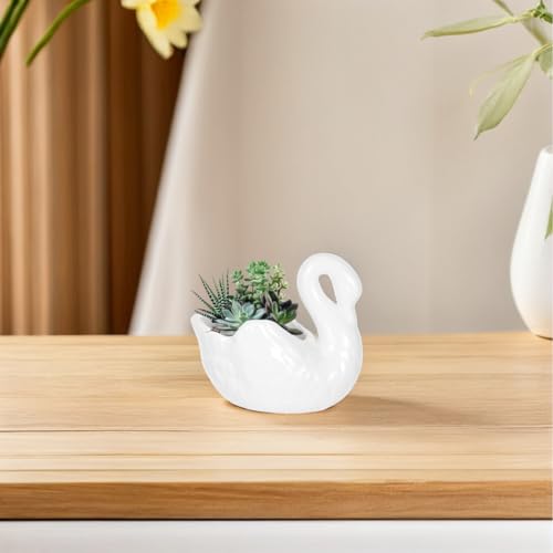 UPKOCH White Ceramic Swan Planter with Drainage Hole, Animal Figurine Succulent Pot for Indoor Outdoor Plants, Decorative Flower Vase Decor Bowl