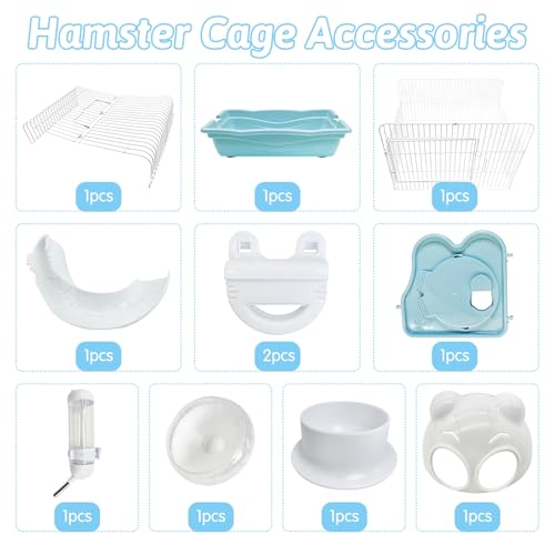 PINVNBY Dwarf Hamster Cage, Small Animal Cages, 2-Tier Travel Portable Mouse Cage Hamster Carrier with Castle House Running Exercise Wheels, Water Bottle and Food Dish（Blue） - color: Blue, size: L: 13.78x10.23x11.02in