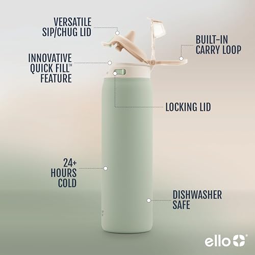 Ello Pop & Fill Insulated Stainless Steel Water Bottle with Quick Fill Lid, Leakproof Locking, Sip or Chug Spout, BPA-Free, Double Wall Vacuum Insulated for Sports, Travel & School- 22oz / 32oz / 40oz - color: Pistachio, style: 22oz