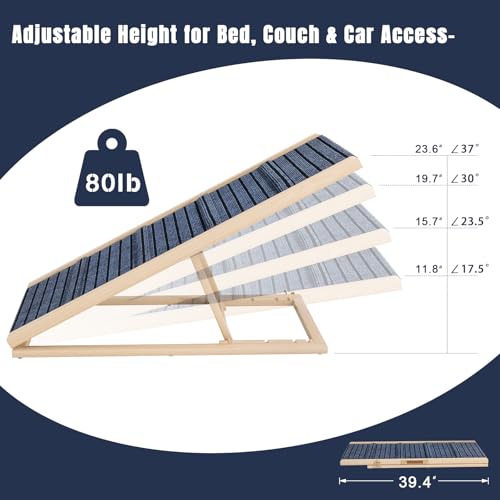 Adjustable Wooden Dog Ramp for Small & Medium Dogs, 39.4" Long x 15.8" Wide Portable Pet Ramp for Bed, Couch, Sofa & Car, Anti-Slip Carpet, Lightweight Foldable Indoor Outdoor Travel Dog Ramp - size: 39.4" L x 15.8" W
