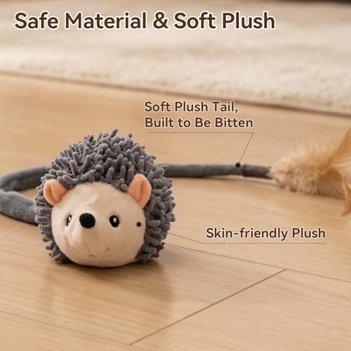 Migipaws Interactive Hedgehog Cat Toy 360° Rolling & Spin with Soft Plush Tail for Indoor Cats Smart Motion Sensor, Realistic Squeak, Rechargeable Plush Kitten Toy (Grey)