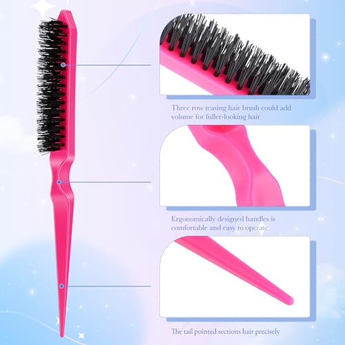Yaomiao 6 Pcs Teasing Brush Set, 3 Row Nylon Rat Tail Combs for Fine Hair, Back Combing, Root Lifting, Scalp Massage, Hair Brushes for Women Salon Home Use(Black, Blue, Rose Red, Yellow) - color: Black, Blue, Rose Red, Yellow