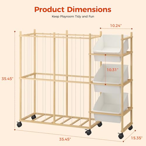 Toy Storage Organizer with 3 Removable Bins, Kids Storage Toy Shelf Organizer for Stuffed Animal Holder for Bedroom Playroom Nursery | Wood & White