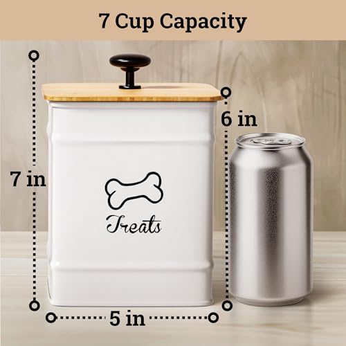 Dog Treat Container with Airtight Bamboo Lid, 5"W x 7"H, 7 Cup Capacity | Fits Most Popular Treats, 7 Cups Capacity, Airtight Bamboo Lid, Easy Open Metal Lid Handle, Dent-Resistant Durable Metal - color: White - Small