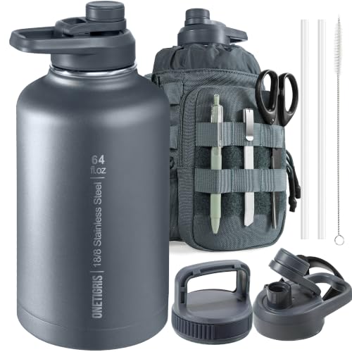 ONETIGRIS 64oz Tactical Insulated Water Bottle with 3 Lids & MOLLE Pouch | 48H Cold & 24H Hot Double Wall, 304 Stainless Steel Wide Mouth, BPA Free Leakproof Silicone Seal, Paracord Handle Easy Carry - color: Gray
