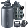 ONETIGRIS 64oz Tactical Insulated Water Bottle with 3 Lids & MOLLE Pouch | 48H Cold & 24H Hot Double Wall, 304 Stainless Steel Wide Mouth, BPA Free Leakproof Silicone Seal, Paracord Handle Easy Carry - color: Gray