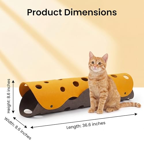 ZEZE Cheese Cat Tunnel for Indoor Cats, Felt Peek Hole Hide Tunnel Toy with Snap Buttons, Foldable Interactive Cat Play Mat for Hide & Seek and Indoor Enrichment