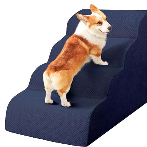 Dog Stairs for Small Dogs, High Density Foam Dog Steps, Extra Wide Non-Slip Pet Ramp for High Beds Or Couch, Soft Doggie Ladder for Dogs Injured, Older Pets, Small Cats - color: Navy blue, size: 4 Steps