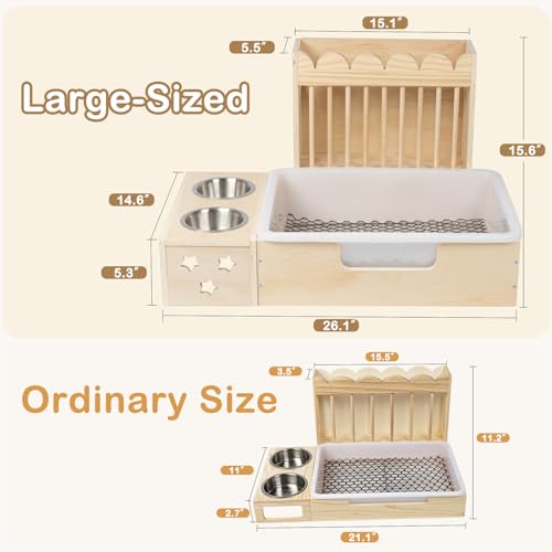 Upgraded 3‑in‑1 Wooden Rabbit Hay Feeder and Litter Box Combo | Extra Large, Mess‑Proof Hay Rack, Easy Clean, Stainless Steel Bowls, Small Pet Feeding Station - size: 26.1"W