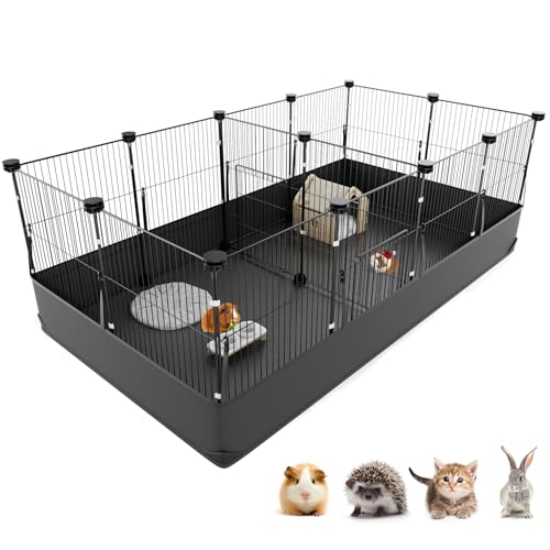 Tresbro Guinea Pig Cage with Waterproof PVC Bottom Liner & One-Hand Release Hook, Triple Fixing C&C Cage for Guinea Pigs, Bunny, Rabbit, Hedgehog, Small Animal Indoor Playpen 48''L x 24''W x 16''H - size: 14 Panels