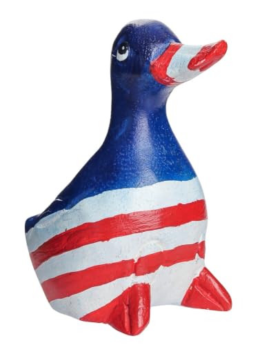 Hand Carved Wooden Duck Figurine, Handmade Duck Statue, Rustic Farmhouse Home Decor, Wooden Animal Sculpture, Unique Gift for Duck Lovers (Vingtage White/Red/Blue Duck) - color: Vingtage White/Red/Blue Duck