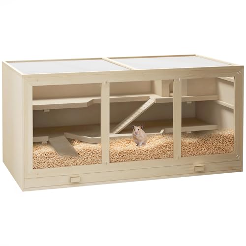 PawHut 45" Extra Large Wooden Hamster Cage, 3-Layer Rat Cage with Opening Roof, PVC Window, Small Animal Habitat for Gerbil, Dwarf & Syrian Hamsters, Natural | Rat Cage, PVC Window, Small Animal Habitat, for Gerbil, for Dwarf & Syrian Hamsters - color: Na