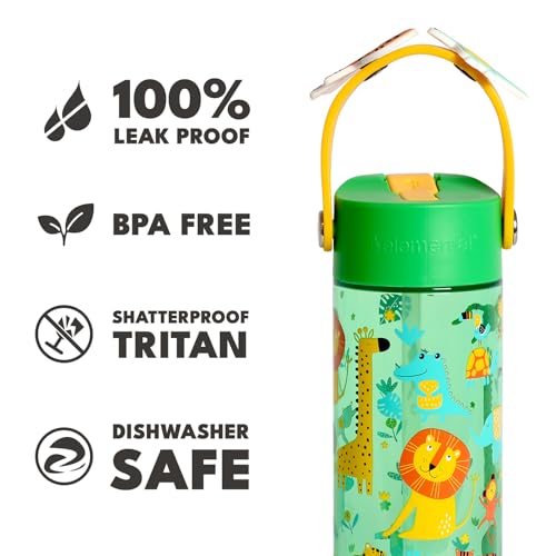 Elemental Water Bottles for Kids - Splash Kids Water Bottle for School with Fun Charm Handle - BPA Free Tritan Plastic Bottle with Straw Leak Proof When Spout is Closed - 18oz - Jungle Friend - color: Jungle Friend