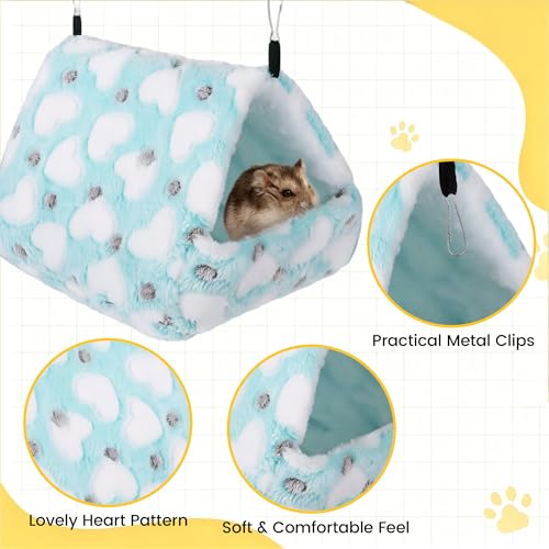 MCEAST 4 Pieces Small Pets Cage Accessories Hanging Hammock Sleeping Bag Tunnel and Bed Hideout Set Warm Sleep Nap Sack Bed for Hamster Ferret Squirrel Rabbit, Light Blue Hearts - style: Blue Hearts