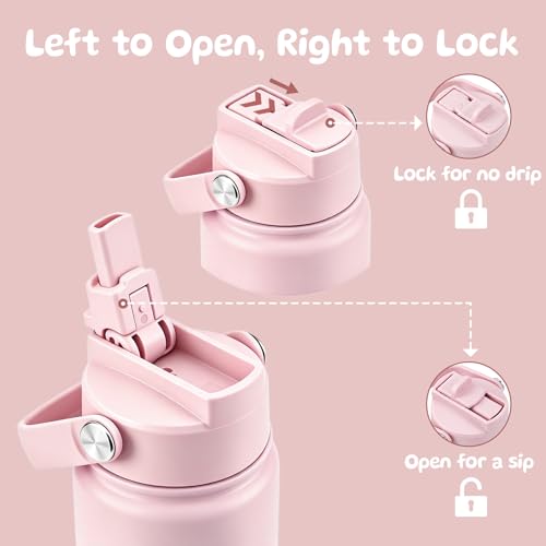 KEWIXY 14 oz Water Bottle with Straw, Easy Slide Lid, Leak Proof, Keep Cold 24H, Vacuum Insulated, Metal Stainless Steel with Handle for School, Candy Pink - color: Candy Pink, size: 14 Ounces