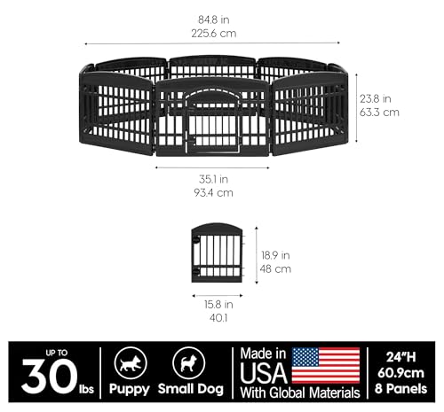 IRIS USA 8-Panel Dog Playpen with Door, Pet Enclosure, Black | Heavy Duty Plastic, Multiple Pets, Indoor Outdoor, Portable, Large Play Area, Easy Assembly - color: Black, size: 8 Panel - 24" H