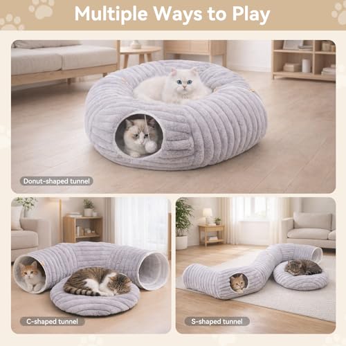 Dogpals Cat Tunnel Bed Cave 33" Lx10 Wx10 H for Indoor Cats(Grey) | Washable Cozy Cushion, Soft Striped Plush Fabric, Hideaway Peekaboo Cave for Kittens, Puppies, Rabbits & Small Pets - color: Grey