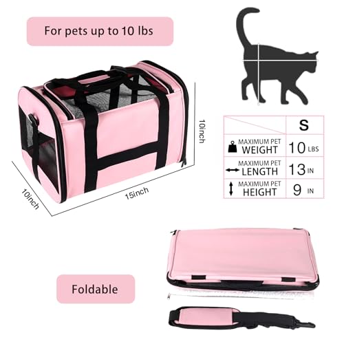 Cat Carrying Case - Pet Carrier Airline Approved, Protable and Breathable Pet Travel Carrier Removable Fleece Pad, Collapsible Cat Carrier Dog Carrier for Medium Cats Small Cats Dogs (Small, Pink) - color: pink, size: 15.0"L x 10.0"W x 10.0"H