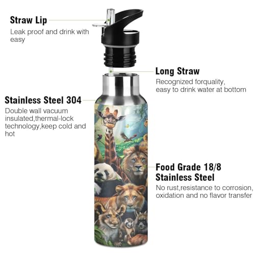 Africa Animals Water Bottle Kids Insulated Sports Vacuum Stainless Steel Mug with Straw Lid & Handle 20 oz - color: C341