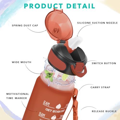 Enerbone 32 oz Drinking Water Bottle with Times to Drink and Straw, Motivational with Carrying Strap, Leakproof BPA & Toxic Free, Ensure You Drink Enough Water for Fitness Gym Outdoor - color: Amberglow