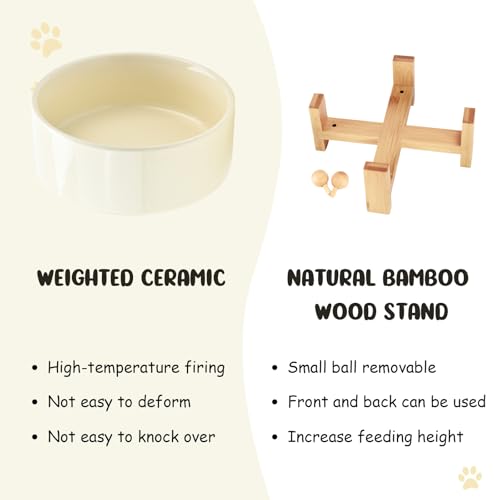 SPUNKYJUNKY 15° Slanted Ceramic Dog and Cat Bowl with Wooden Stand, Tilted Bulldog Food and Water Bowl No Slip Non-Spill for Cats Medium Dogs Big Face Pets 28.7 OZ (3.6 Cups, Beige) - color: Beige, size: 3.6 CUPS × 1