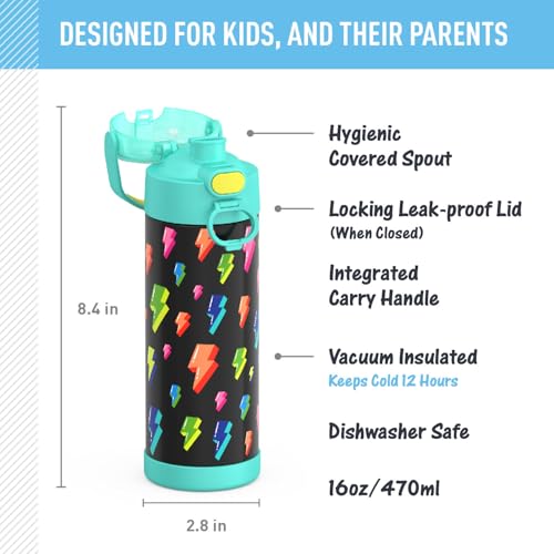 THERMOS FUNTAINER Water Bottle with Spout, 16oz, Lightning Bolt Girl | Kids Stainless Steel Insulated Water Bottle, Keeps Drinks Cold Longer for School & Play, BPA-Free - color: Lightning Bolt Girl, size: 16 Ounces