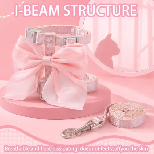 Kitten Harness and Leash Set, Escape Proof Cat Harness with Adjustable Design, Pink Bow Cat Vest Harness for Outdoor Walking, Soft Lightweight Harness for Small Cats Dogs Rabbits (Medium Size)