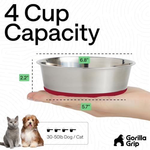 GORILLA GRIP Dog Bowl, Holds 4 Cups (32 fl oz), Food Grade 304 Stainless Steel Food and Water Bowl for Feeding Dogs and Cats, BPA Free Rubber Base, Easy Clean, Dishwasher Safe, Rust Resistant, Red - color: Red, size: 4 Cup (32 Oz)