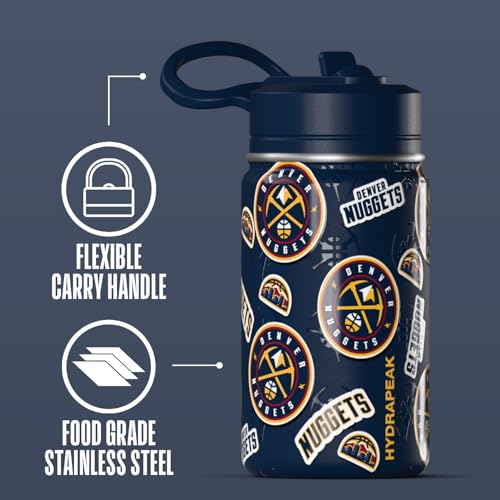 Hydrapeak NBA Officially Licensed Denver Nuggets Mini 14oz Kids Stainless Steel Water Bottle with Straw Lid & Flexible Handle, Double Wall Insulated, Spill Proof, Perfect for Back to School - color: Denver Nuggets