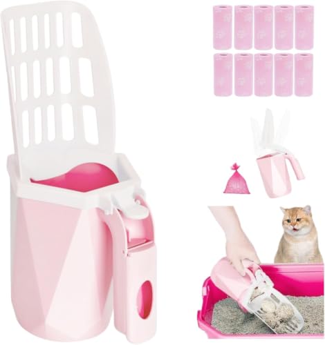 Cat Litter Scooper with Holder, 150 Poop Bags & Built-in Storage Box, Pink | One-Touch Detach, Integrated Design, Quick-Change Bag, Multi-Size Holes, One-Hand Operation, Large Capacity Trash Can