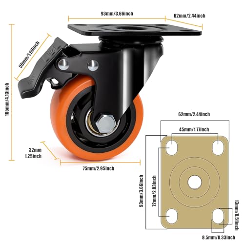QNCZ 3 Inch Heavy Duty Caster Wheel with Dual Brake,Silent,Orange,Set of 4 | Easy to Install, Efficient operation, convenient braking,Silent, Floor friendly,Widely Applied for Cart,Furniture,Workbench - color: Orange, size: 3 IN