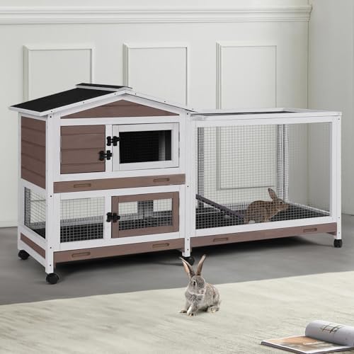Indoor/Outdoor Rabbit Hutch with Pull-Out Tray, Weatherproof Bunny Cage & Attached Run - Also for Chickens (Brown, L) - color: Light Brown